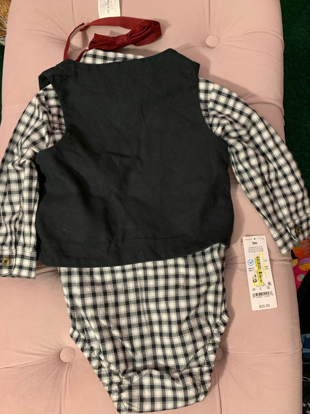 Carter's Black and White Plaid Onesie with Red Bow Tie Accent and Pants - Picture 2 of 7